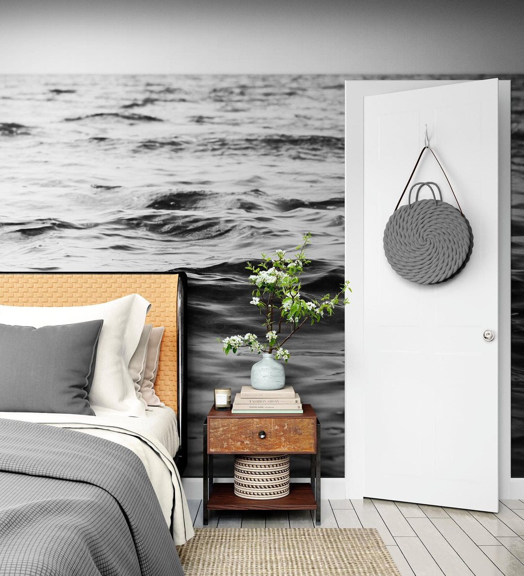 Black and White Ocean Wave Wallpaper. Peel and Stick Wall Mural. #6691