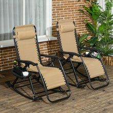 Load image into Gallery viewer, 2 Pieces Outdoor Rocking Chairs, Foldable Reclining Zero Gravity Lounge Rocker with Pillow, Cup &amp; Phone Holder, Combo Design with Folding Legs, Beige
