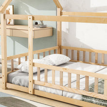Load image into Gallery viewer, Full Size Floor Wooden Bed with House Roof Frame, Fence Guardrails, Natural

