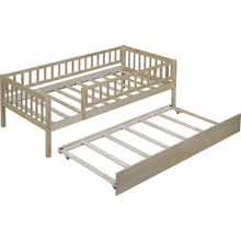 Load image into Gallery viewer, Twin Size Wood Daybed with Trundle and Fence Guardrails, Natural
