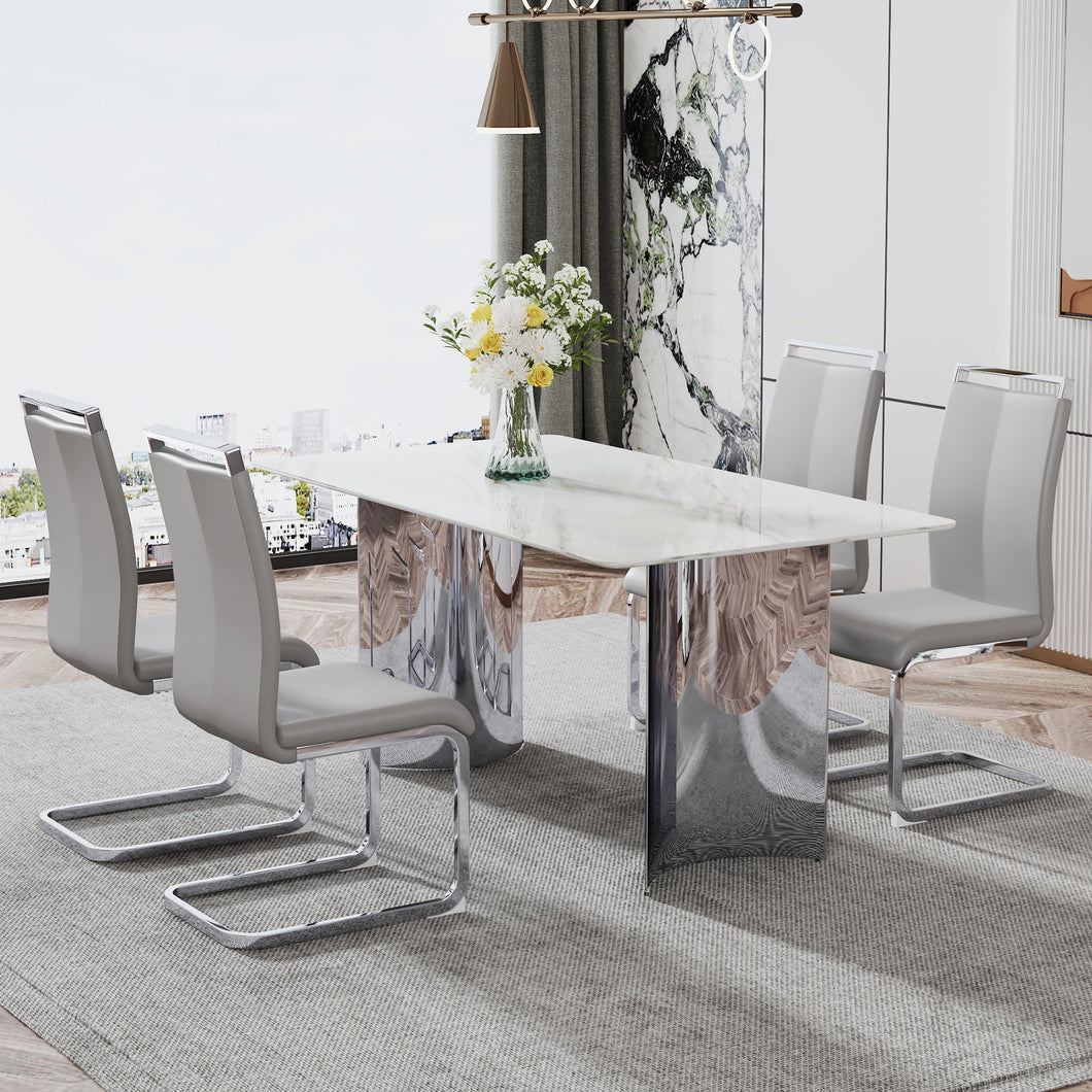 Modern minimalist dining table. Imitation marble glass sticker desktop, stainless steel legs, stable and beautiful. 4 premium PU seats. 63 inches x 35.4 inches x 29.5 inches DT-69