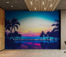 Load image into Gallery viewer, Tropical Night Wallpaper Mural – Miami Sunset Over Resort Pool &amp; Beach. #6915
