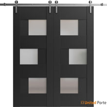 Carregar imagem no visualizador da galeria, Sete 6933 Matte Black Double Barn Door with Frosted Glass and Silver Rail
