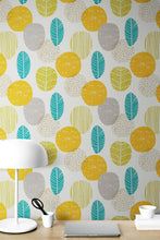 Load image into Gallery viewer, Autumn Leaves Wallpaper. Yellow, Grey, Teal Leaf Wall Mural. #6966
