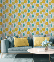 Load image into Gallery viewer, Autumn Leaves Wallpaper. Yellow, Grey, Teal Leaf Wall Mural. #6966
