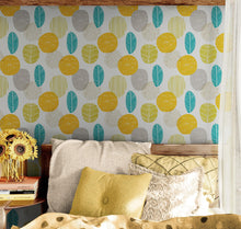 Load image into Gallery viewer, Autumn Leaves Wallpaper. Yellow, Grey, Teal Leaf Wall Mural. #6966
