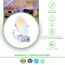 Cargar imagen en el visor de la galería, 5 in. &amp; 6 in. 12W LED Slim Panel Lights with 5CCT Selectable, Dimmable, and ETL Listed LED Downlight with Junction Box
