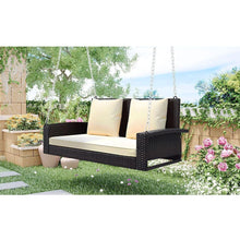 Load image into Gallery viewer, 2-Person Wicker Hanging Porch Swing with Chains, Cushion, Pillow, Rattan Swing Bench for Garden, Backyard, Pond. (Brown Wicker, Beige Cushion)
