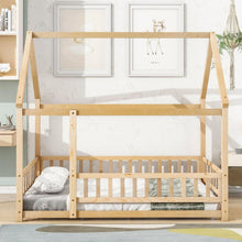 Load image into Gallery viewer, Full Size Floor Wooden Bed with House Roof Frame, Fence Guardrails, Natural
