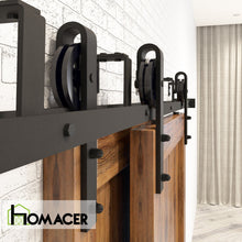 Load image into Gallery viewer, Double Track U-Shape Bypass Sliding Barn Door Hardware Kit - Spoke Wheel Design Roller
