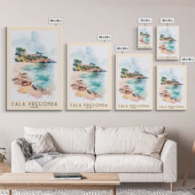 Load image into Gallery viewer, Cala Pregonda, Spain Watercolor Print, Vacation Gift, Spain Wall Art, Beach Painting, Beach Decor, Large Wall Art, Wood Frame Art
