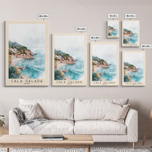 Carregar imagem no visualizador da galeria, Cala Salada, Spain Watercolor Beach Print, Vacation Gift, Spain Wall Art, Framed Canvas Print, Framed Beach Painting

