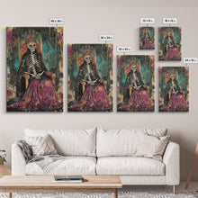 Cargar imagen en el visor de la galería, Skeleton King in Regal Throne Framed Canvas Print, Royalty Decor, Halloween Skeleton Art, Haunted Mansion Wall Art, Gothic Skeleton Print

