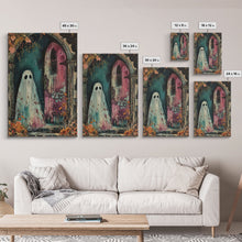 Load image into Gallery viewer, Ghostly Figure at Haunted Door Framed Canvas Print, Halloween Spirit Decor, Spooky Ghost Art, Haunted House Wall Art, Creepy Ghostly Print
