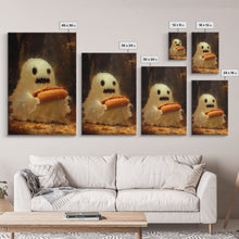Cargar imagen en el visor de la galería, CHOMP! Cute Lil Ghost Eatin&#39; a Dog, The Hot Dog Ghost, Haunted Hot Dog Thief, Framed Canvas Print, Halloween Art
