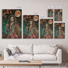 Load image into Gallery viewer, Ghostly Witch With Red Apple, Framed Canvas Print, Wall Art, Spooky Decor, Halloween Decoration, Living Room Art, Unique Gift
