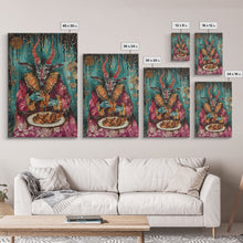 Carregar imagem no visualizador da galeria, A demon eating some hot wings - hope he didn&#39;t sell his soul for them they look pretty good! Halloween Wall Art Framed Canvas
