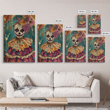 Load image into Gallery viewer, Day of the Dead Doll with Floral Crown Framed Canvas Print, Halloween Art, Creepy Wall Art, Spooky Home Decor, Scary Art, Unique Wall Decor
