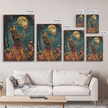 Load image into Gallery viewer, That&#39;s A Howlin&#39; Good Pizza, Werewolf Eatin a Pizza and Howlin at The Moon, Framed Canvas Print, Funny Halloween Art
