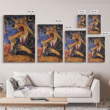 Carregar imagem no visualizador da galeria, Business Werewolf Eating a Hot Dog, Framed Canvas print, Funny Halloween Art, Spooky Season, The Scream Inspired Funny Art
