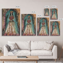 Load image into Gallery viewer, Skeleton Bride in Floral Arch Framed Canvas Print | Halloween Bride Art | Spooky Bride Decor for Home | Gothic Wedding Artwork
