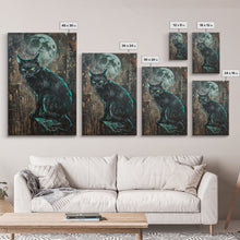 Carregar imagem no visualizador da galeria, Black Cat with Piercing Green Eyes, Framed Canvas Print, Spooky Cat Art, Witchy Feline Decor, Halloween Wall Art, Gothic Cat Decor
