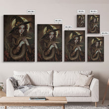 Load image into Gallery viewer, Witch Holding Snake under Full Moon - Dark Forest Sorcery Gothic Art Framed Canvas Print, Halloween Witchy Decor
