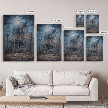 Carregar imagem no visualizador da galeria, Abandoned House Under Moon Full Halloween Art, Spooky Mansion, Haunted Home, Creepy Decor, Gothic Artwork, Framed Canvas Print
