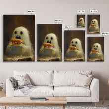 Load image into Gallery viewer, Cute Ghost Chompin on A Hot Dog, Ghostly Hot Dog Thief, Framed Canvas Print, Funny Halloween Spooky Season Art
