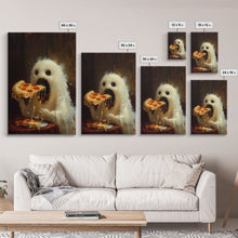 Load image into Gallery viewer, Cute Ghost Chompin on A Pizza, Ghostly Pizza Pirate, Framed Canvas Print, Funny Halloween Spooky Season Art
