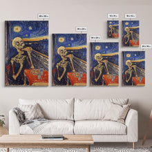 Load image into Gallery viewer, Spooky Skeleton Dude Eatin&#39; a Pizza, Starry Night Inspired Funny Halloween Art, Framed Canvas Print
