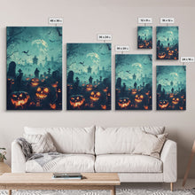 Cargar imagen en el visor de la galería, Bats and Jack-O-Lanterns Framed Canvas Print, Halloween Wall Art, Haunted Graveyard, Home Decor, Spooky Art, Living Room Decor, Gothic Art
