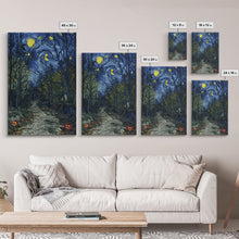 Load image into Gallery viewer, Dark Forest Path with Pumpkins Framed Canvas Print, Halloween Wall Art, Starry Night Inspired, Home Decor, Spooky Art, Living Room Decor
