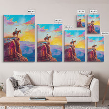 Load image into Gallery viewer, Cowboy on Cliff Edge at Sunrise - Colorful Western Landscape Painting, Framed Canvas Print, Sunrise Wall Art, Living Room Decor
