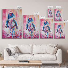 Load image into Gallery viewer, Cowboy Riding in Pink - Colorful Western Art, Framed Canvas Print, Living Room Decor, Cowboy Painting, Vibrant Wall Art
