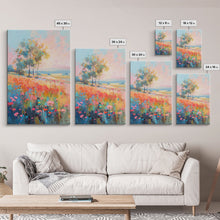 Load image into Gallery viewer, Blossoming Meadow with Trees - Framed Canvas Print, Peaceful Living Room Art, Serene Bedroom Decor, Vibrant Flower Art, Wall Art
