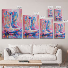 Load image into Gallery viewer, Blue and Pink Cowboy Boots with Floral Background - Framed Canvas Print, Rustic Western Wall Art, Vibrant Boot Art for Home Decor

