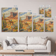 Load image into Gallery viewer, Desert Cowboy Riding Through Cactus - Framed Canvas Print, Western Landscape Art, Southwestern Wall Art for Home Decoration
