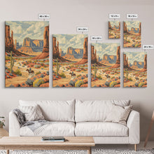 Load image into Gallery viewer, Cowboy in Southwestern Desert Landscape - Framed Canvas Print, Western Wall Art, Desert Scene Art, Cactus Decor for Living Room
