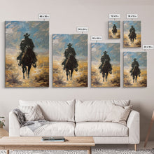 Load image into Gallery viewer, Lone Cowboy Riding into Sunset - Framed Canvas Print, Western Art, Living Room Decor, Cowboy Art for Bedroom, Rustic Wall Art
