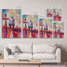 Carregar imagem no visualizador da galeria, Abstract Cowboy with Cross in Bold Hues - Framed Canvas Print, Modern Western Decor, Vibrant Cowboy Wall Art for Living Room or Bedroom
