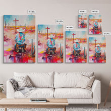 Carregar imagem no visualizador da galeria, Abstract Cowboy Kneeling by Cross Art - Framed Canvas Print, Modern Southwestern Decor, Vibrant Living Room Wall Art
