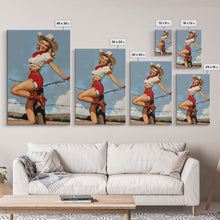 Load image into Gallery viewer, Vintage Cowgirl Pin-Up Art Print, Retro Western Framed Canvas, Classic Pin-Up Girl in Cowboy Hat and Boots, Unique Wall Decor
