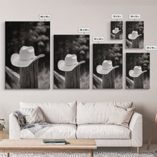 Load image into Gallery viewer, Cowboy Hat on a Wooden Fence Post in Rustic Black and White Photography for Western Home Decor, Canvas Prints, Wall Art for Living Room
