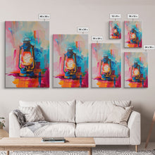 Carregar imagem no visualizador da galeria, Brightly Painted Oil Lamp - Framed Canvas Print, Vibrant Western Art, Rustic Lamp Wall Art for Living Room Decor
