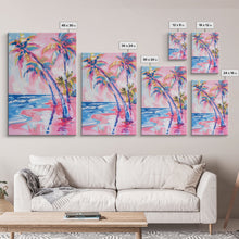 Load image into Gallery viewer, Vibrant Palm Trees and Ocean Waves in Abstract Style - Framed Canvas Print, Coastal Wall Art, Tropical Beach Decor for Living Room
