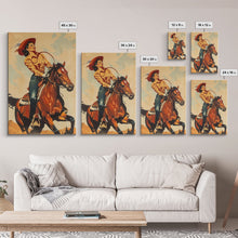 Load image into Gallery viewer, Dynamic Cowgirl on Horseback in Action | Framed Canvas Print | Western Wall Art | Living Room Decor | Rustic Home Decor
