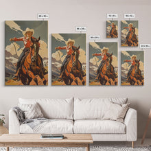 Load image into Gallery viewer, Brave Cowgirl in Mountains with Horse | Framed Canvas Print | Western Wall Art | Living Room Decor | Rustic Home Decor

