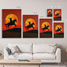 Load image into Gallery viewer, Cowboy Silhouette on Horseback at Sunset | Framed Canvas Print | Western Landscape Art | Rustic Cowboy Wall Art for Living Room
