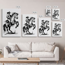 Load image into Gallery viewer, Dynamic Cowboy on Rearing Horse - Framed Canvas Print, Western Wall Art, Rustic Decor, Living Room and Bedroom Art Print
